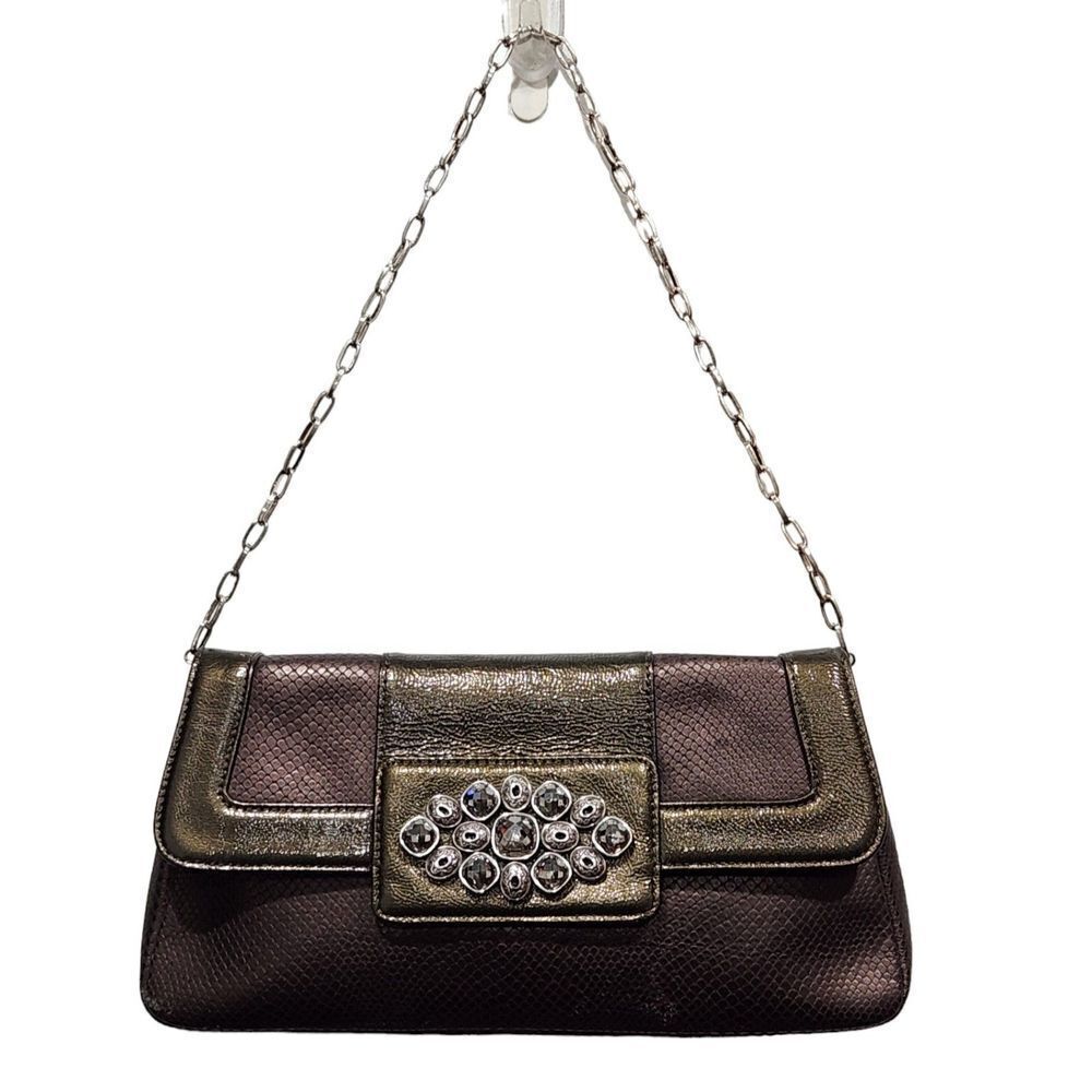Brighton Bronze Snake Embossed Leather Jeweled Medallion Fold Over Clutch
